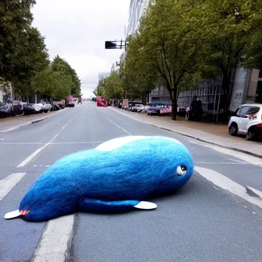 Image similar to photo of a life sized needle - felted blue whale crossing the street