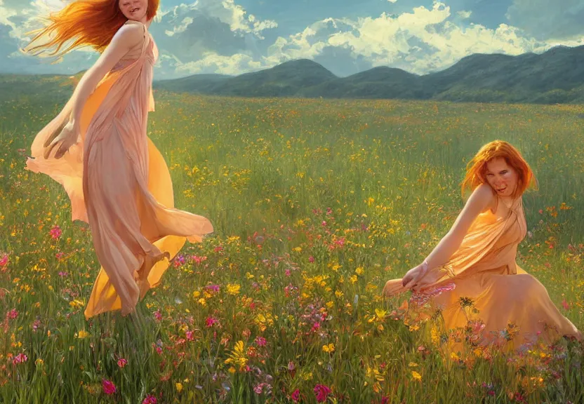 Image similar to a happy woman with copper hair and a flowing yellow sundress dancing in a field of wildflowers, with cute - fine - face, pretty face, realistic shaded perfect face, fine details by realistic shaded lighting poster by artstation, concept art, smooth, sharp focus, illustration, art by artgerm and greg rutkowski and alphonse mucha