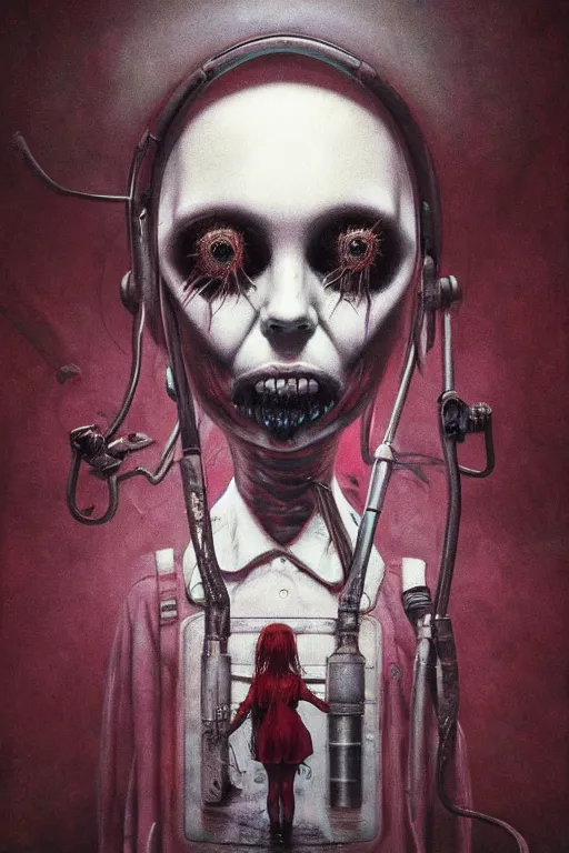 Image similar to surrealism crayon cartoon grunge of a creepy horror nurse girl . intricate artwork. nightmare fuel. terrifying. by zdzisław Beksiński, wlop, dan mumford , trending on artstation, greg rutkowski very coherent symmetrical artwork. cinematic, hyper realism, high detail, octane render, 8k