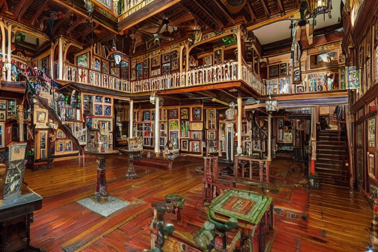 Image similar to full - color photo of the interior of the winchester mystery house. the interior architecture and layout are illogical, surreal, bizarre, complicated, and labyrinthine. there is a faintly - visible victorian ghost lurking and hiding.