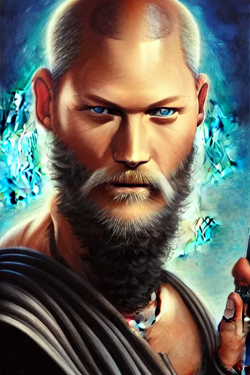 Prompt: completely bald Travis Fimmel with a long shaggy beard as a Jedi Master, looking at the viewer, detailed face, high contrast, highly detailed, digital painting, sharp focus, trending on artstation, concept art, illustration, Star Wars art, art by greg hildebrandt and clayton crain