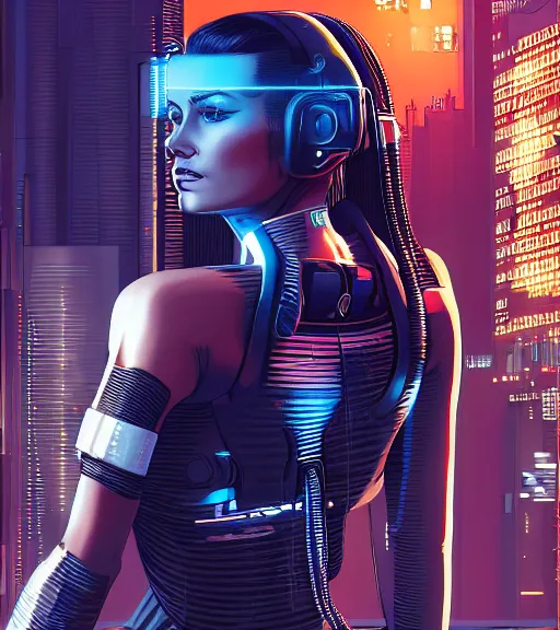 Image similar to cable plugged in, side of head, very very beautiful woman, cyberdeck computer terminal, street level night city, 1 9 7 9 omni magazine cover, style by vincent di fate, artgerm, cyberpunk 2 0 7 7, very coherent, detailed, 4 k resolution, unreal engine, daz