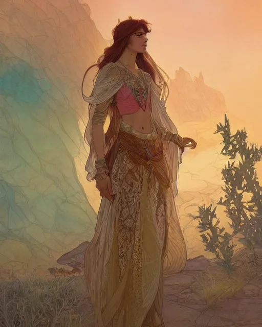 Image similar to bedouin in the desert, highly detailed, gold filigree, romantic storybook fantasy, soft cinematic lighting, award, disney concept art watercolor illustration by mandy jurgens and alphonse mucha and alena aenami, pastel color palette, featured on artstation