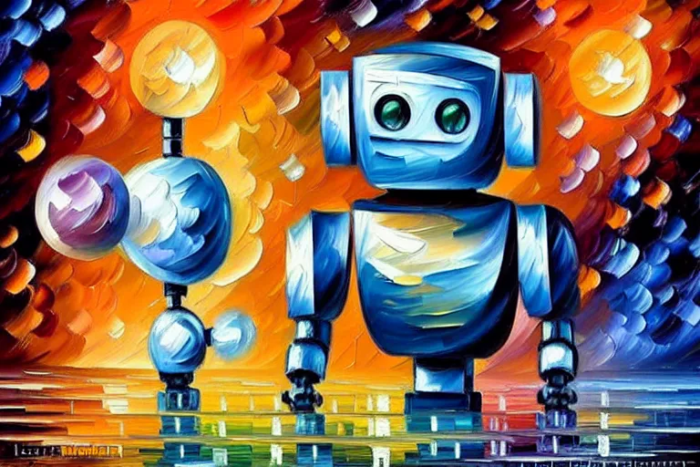 Image similar to a cute little robots painting by leonid afremov