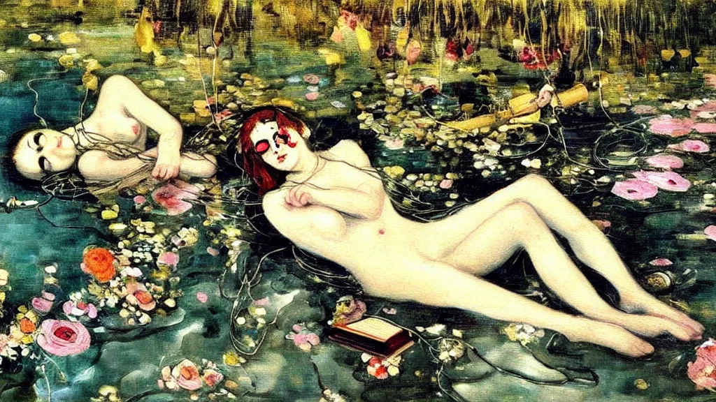 Image similar to prompt: beautiful girl sleeping in the lake with shining face painted by Valentin Serov, nymph in the water performing alchemy, cyborg and robot broken lying around the nymphs, small tiger statue flowers and cables and wire around, artifacts and ancient book, intricate oil painting, high detail, Neo-expressionism