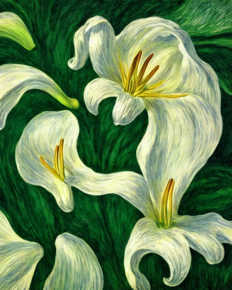 Image similar to achingly beautiful extreme close up painting of one white lily blossom on green background rene magritte, monet, and turner. piranesi. macro lens, symmetry.