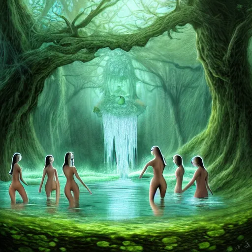 Image similar to beautiful digital fantasy illustration of A woody green field with a stream running through it, with a group of dryad women standing in the water. They seem to be preparing to submerge themselves in the cool, clear waters of the stream. a creepy creature standing in front of a mirror!, concept art by Alex Horley-Orlandelli!!, cgsociety contest winner!!!, gothic art,!!!!, cgsociety, official art, fantasy art, #vfxfriday, highly detailed, dynamic pose!!!!!, soft lighting, rendered in octane, masterpiece, very very very aesthetic