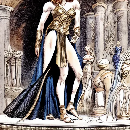 Image similar to Portrait of Queen Hippolyta of Themyscira, a tall, beautiful dignified woman with tanned skin, long blonde hair, and blue eyes, dressed in hellenistic Greek armour, in the background is the interior of temple, concept art, graphic novel,