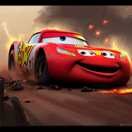 Image similar to lightning mcqueen crash in heavily by greg rutkowski