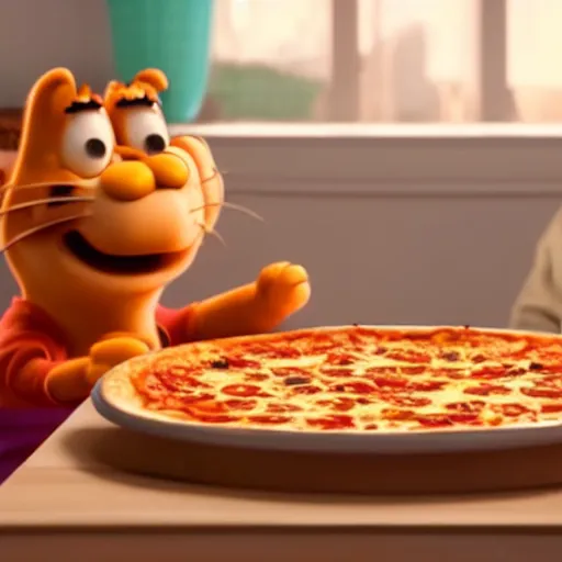 Image similar to film still of garfield eating pizza movie 4 k, pixar style