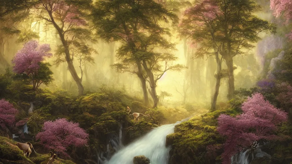 Image similar to the most beautiful panoramic landscape, oil painting, where a giant dreamy waterfall creates a river, the trees around are starting to bloom in pink, purple and yellow colors, a majestic deer is in close - up and it is under a giant tree while it is exhaling steam, the ray lights of the sunrise are brightening him, by greg rutkowski