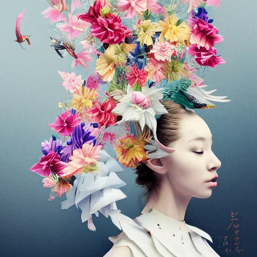 Prompt: 3 / 4 view of a beautiful girl wearing an origami dress, eye - level medium shot, fine floral ornaments in cloth and hair, hummingbirds, elegant, by eiko ishioka, givenchy, nobuyoshi araki, by peter mohrbacher, centered, fresh colors, origami, fashion, detailed illustration, vogue, japanese, reallusion character creator