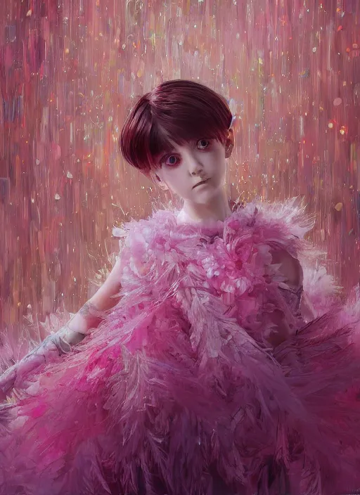 Prompt: beautiful little girl with an pink eccentric haircut wearing an dress made of feathers dancing on stage, artwork made by ilya kuvshinov, inspired in donato giancola, hd, ultra realistic, reflection, flowers, light stage