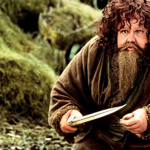 Image similar to Bartook is a twenty-something hobbit with curly brown hair who is slightly overweight, high resolution film still, movie by Peter Jackson