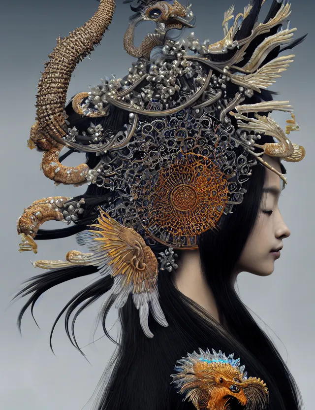 Image similar to 3 d goddess close - up profile portrait with crown, ram skull. beautiful intricately detailed japanese crow kitsune mask and clasical japanese kimono. betta fish, jellyfish phoenix, bio luminescent, plasma, ice, water, wind, creature, artwork by tooth wu and wlop and beeple and greg rutkowski