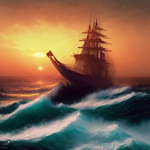 Image similar to a sunset and heavy sea in style of Aivazovskiy, hypermaximalistic, high details, cinematic, 8k resolution, beautiful detailed, insanely intricate details, artstation trending, octane render, unreal engine,