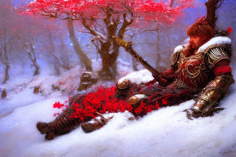 Image similar to winter, a male warrior wearing armor relaxing under a world tree with red flowers, ground covered with snow, extreme long shot, fantasy, painting by gaston bussiere, craig mullins, j. c. leyendecker, trending on artstation