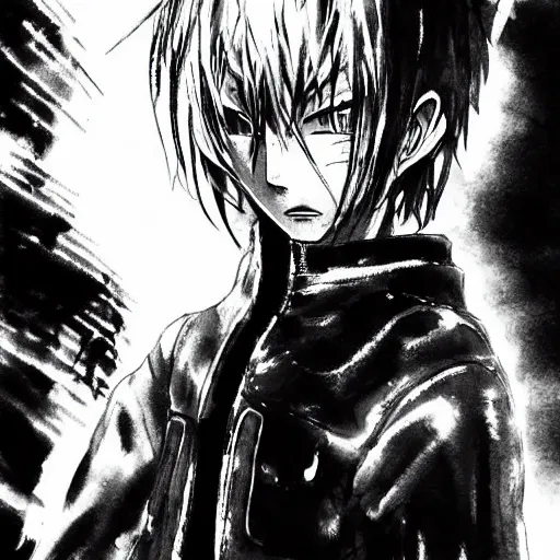 Image similar to android, high detail of the face, full body 1 / 6 nihei tsutomu, style of manga, style black and white, night, city,