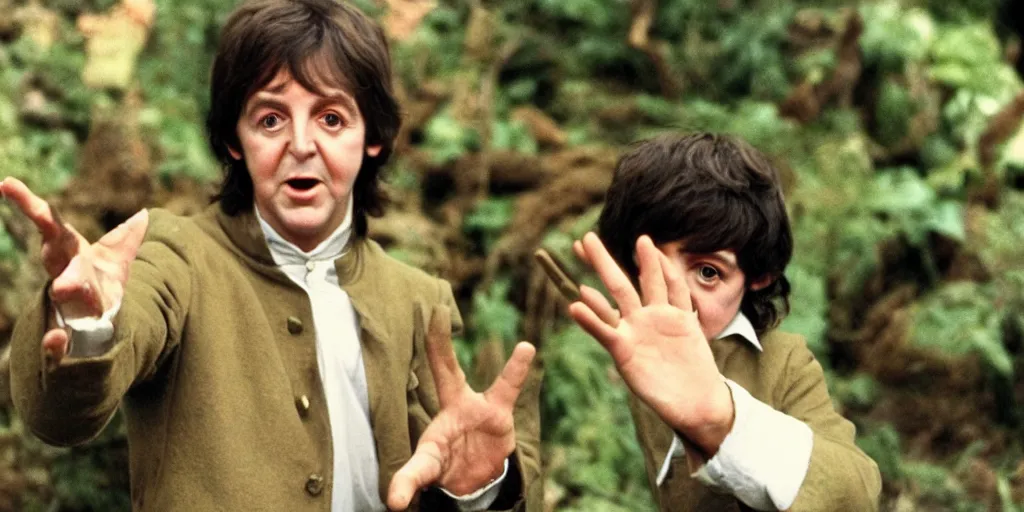 Image similar to A full color still of Paul McCartney dressed as a hobbit, holding his palm up, directed by Stanley Kubrick, 35mm, 1970