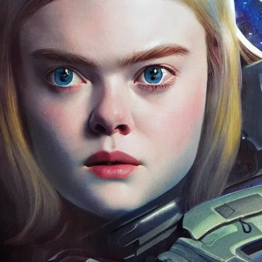 Prompt: ultra realistic medium shot portrait painting of elle fanning in halo 2, underwater, art by frank frazetta and sachin teng, 4 k, ultra realistic, highly detailed, epic lighting