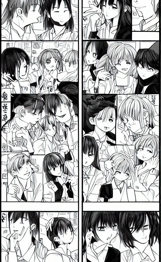 Prompt: a page of multi-panel shoujo!! ai school!! manga, black and white chibi manga!!! style, kawaii manga, japanese text kanji, coherent manga characters