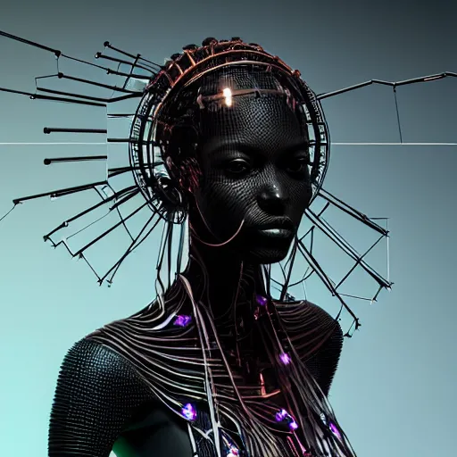 Image similar to portrait of an absurdly beautiful, graceful, sophisticated, fashionable black cyberpunk mechanoid gravure idol, hyperdetailed illustration by irakli nadar, adut akech, matt wisniewski style, intricate linework, dark black skin, box jellyfish headdress, unreal engine 5 highly rendered, global illumination, red light, detailed and intricate environment