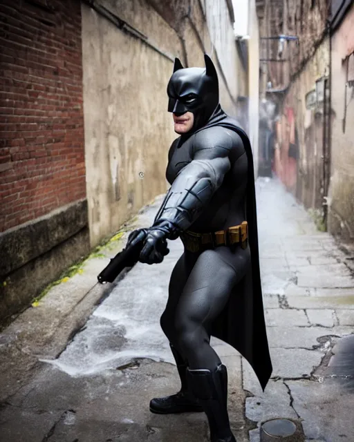 Prompt: happy batman firing super soaker water gun in an alleyway, everyone having fun, product advertisement, photography