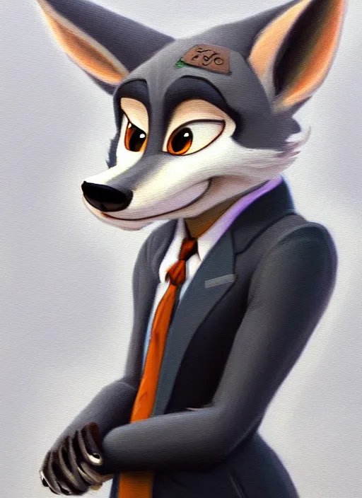 Image similar to oil painting of detailed full body of anthromorphic female wolf, in style of zootopia, zootopia, zootopia, fursona, furry, furaffinity, 4 k, deviantart, furry art, fursona art, wearing black business suit, business suit, in style of zootopia, wolf fursona, cyberpunk, female, expressive detailed feminine face,