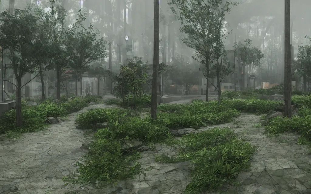 Image similar to overgrown mall, atmospheric, mist, epic, photorealistic, realistic, rule of thirds, extremely detailed, 4 k, 8 k, unreal engine 5 render, rim lighting, rtx, ray traced lighting, shot on 3 5 mm, film grain