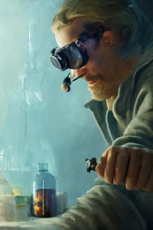 Prompt: An Alchemist inspecting a potion in his hand with goggles on by Greg Rutkowski, 4k photorealistic, volumetric lighting, HD, high details, dramatic, trending on artstation