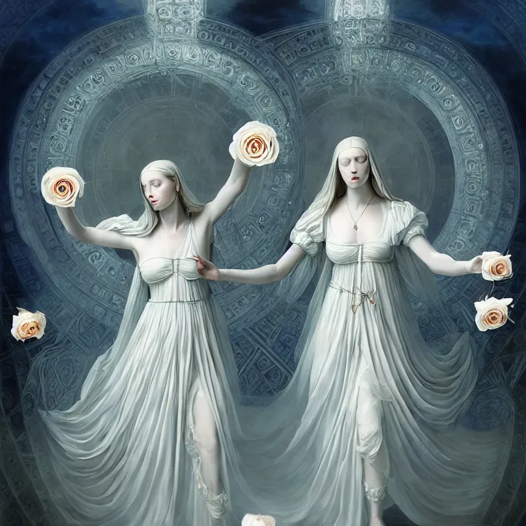 Image similar to renaissance professional digital art of wonderful symmetrical goddess with a majestic semi transparent white roses cotton dress, blue atmospheric light, dramatic lighting, cinematic, painted, intricate, detailed, foreboding, by art by meredit frampton and gregory crewdson, epic, stunning, gorgeous, much wow, cinematic, masterpiece.