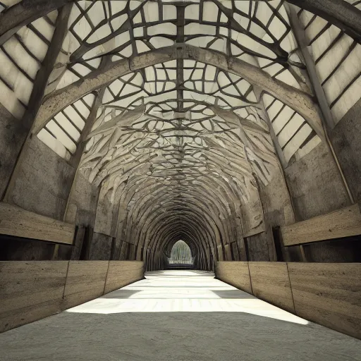 Image similar to a photo of the interior of a vast infinite vaulted structure made of driftwood, volumetric lighting, light rays, photorealistic, ultrarealistic, coronarender, 8 k