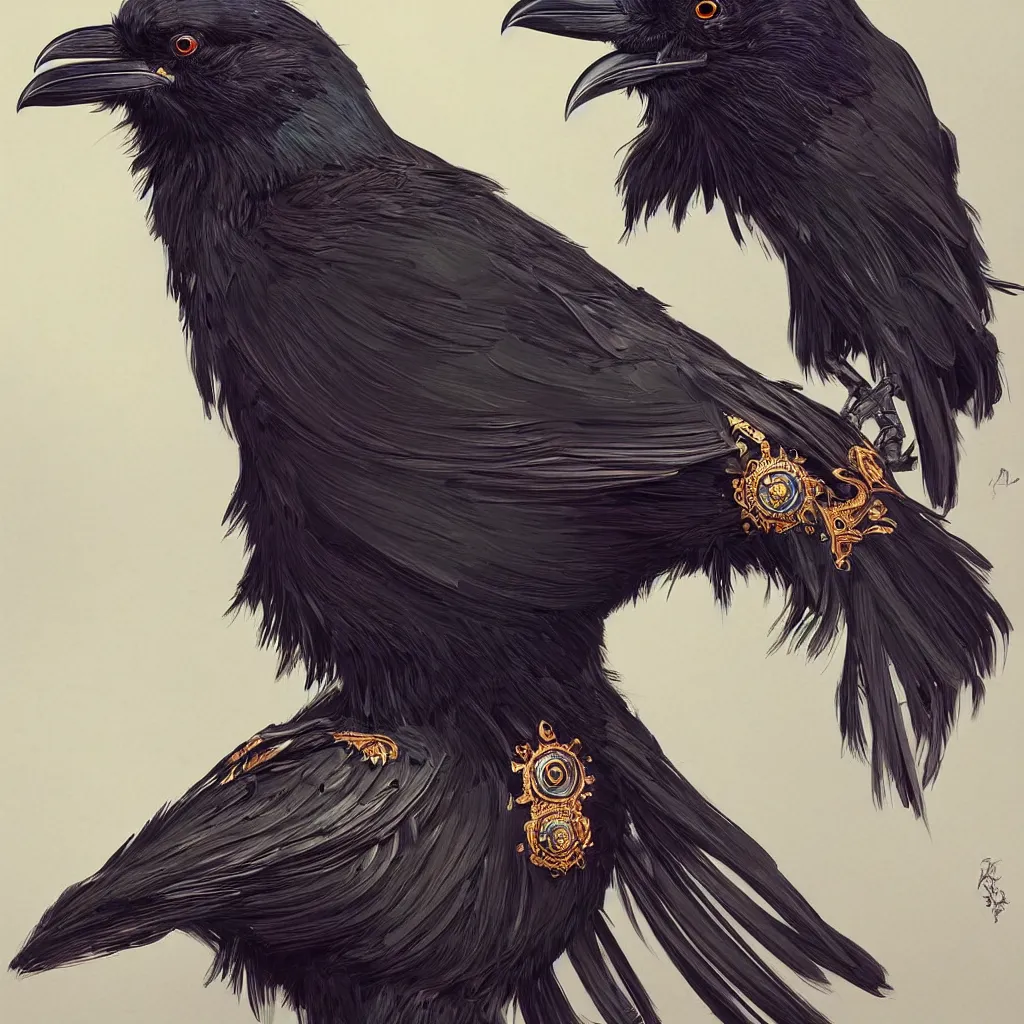 Prompt: beautiful black raven bird with ornate headgear, cute, intricate, highly detailed, digital painting, trending on artstation, concept art, smooth, sharp focus, backlit, rim light, vivid colors, illustration, unreal engine 5, 8 k, art by rossdraws and alphonse mucha