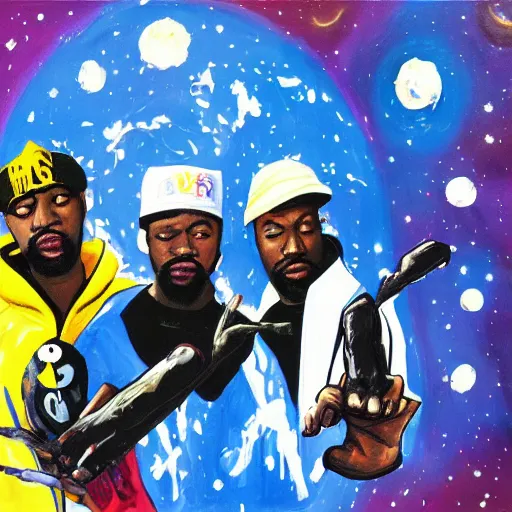 Image similar to a messy painting of the Wu-Tang Clan in space