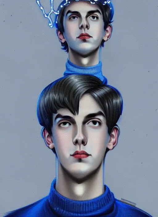 Image similar to portrait of teenage jughead jones wearing a light grey crown, crown, blue turtleneck, 1 9 5 0 s, closed eyes, photorealistic, black hair, glowing lighting, intricate, elegant, glowing lights, highly detailed, digital painting, artstation, concept art, smooth, sharp focus, illustration, art by wlop, mars ravelo and greg rutkowski