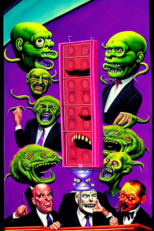 Prompt: a hyperrealistic painting of a trippy gameshow announcer with a panel of monsters playing jeopardy. cinematic horror by jimmy alonzo, the art of skinner, chris cunningham, lisa frank, richard corben, highly detailed, vivid color,