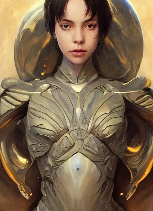 Image similar to a professional painting of a beautiful young female alien, clothed in ethereal armor, olive skin, long dark hair, beautiful bone structure, symmetrical facial features, intricate, elegant, digital painting, concept art, smooth, sharp focus, illustration, from Valerian and the City of a Thousand Planets, by Ruan Jia and Mandy Jurgens and Artgerm and William-Adolphe Bouguerea