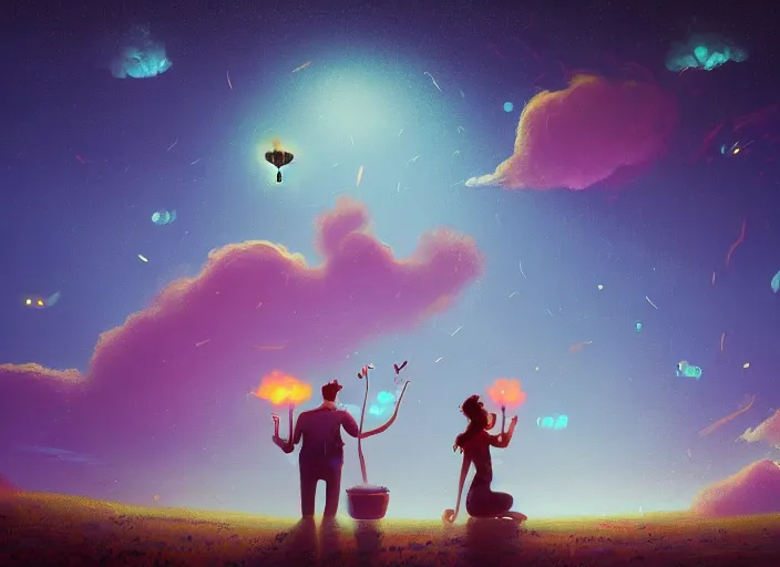 Prompt: Happy couple made from cotton candy, cozy night fireflies, torches, Alena Aenami, Petros Afshar, Noah Bradley, Anton Fadeev, Anato Finnstark, Steve Henderson, Filip Hodas, Mark Keathley, Thomas Kinkade, Phil Koch, Gilbert Williams, Mike Winkelmann, Beeple