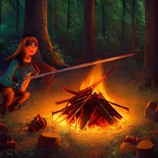 Image similar to close up campfire in the woods, stylized, artgerm, artstation, hd, cgsociety, cgi, realistic, dramatic, cinematic, artistic, trending, detailed