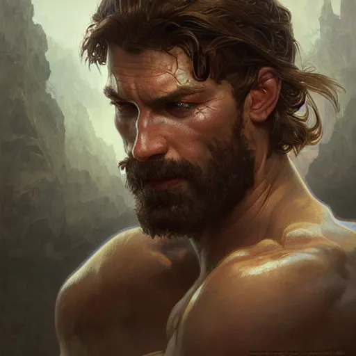 Image similar to portrait of a rugged ranger, muscular, upper body, blood, D&D, fantasy, intricate, elegant, highly detailed, digital painting, artstation, concept art, smooth, sharp focus, illustration, art by artgerm and greg rutkowski and alphonse mucha