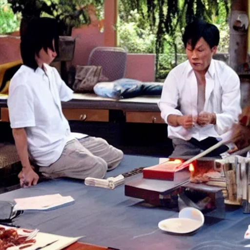 Prompt: asian people smoking crack being on dexter's table