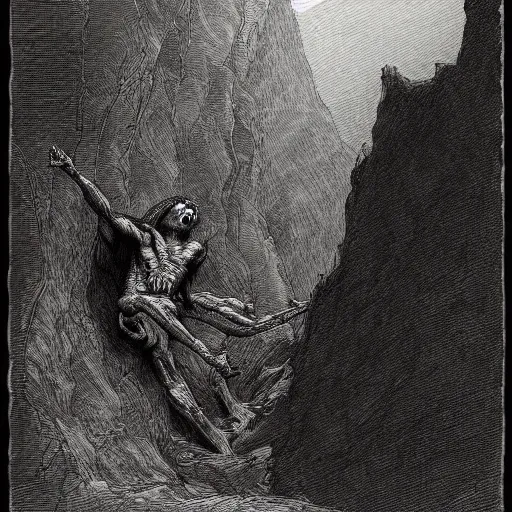 Image similar to a demon crawling up from a canyon, highly detailed, in the style of Gustave Dore