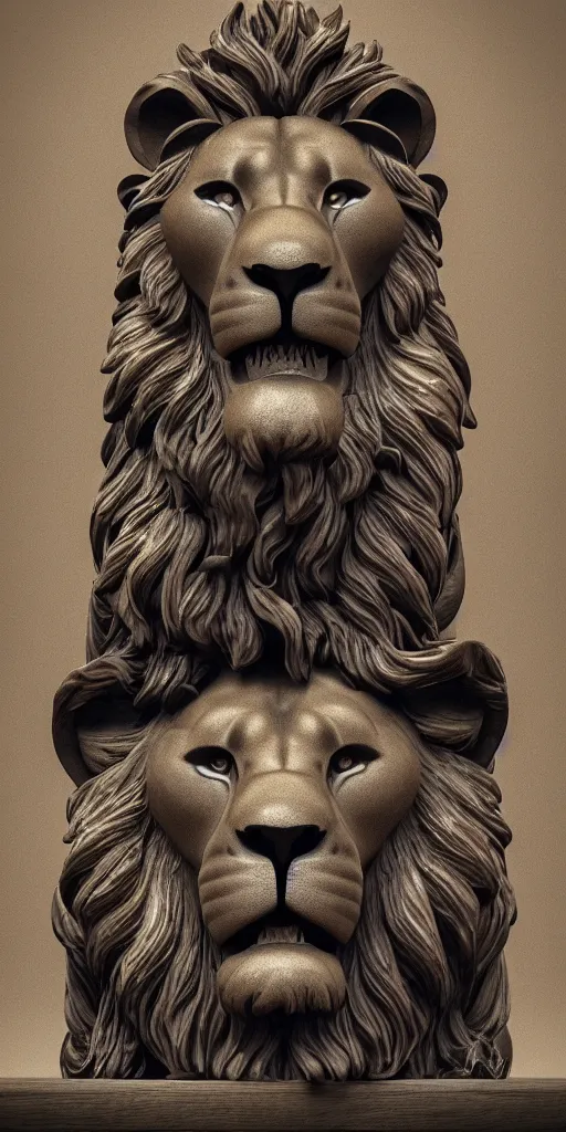 Prompt: a lion statue sitting on top of a wooden table, a 3 d render by jeremy henderson, behance contest winner, psychedelic art, behance hd, rendered in cinema 4 d, psychedelic