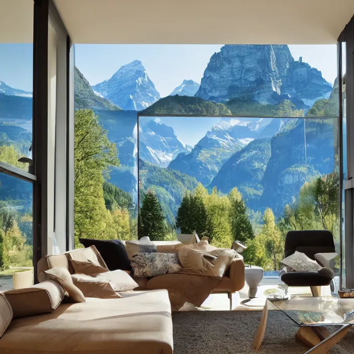 Image similar to fantastical living room with switzerland landscape in the window