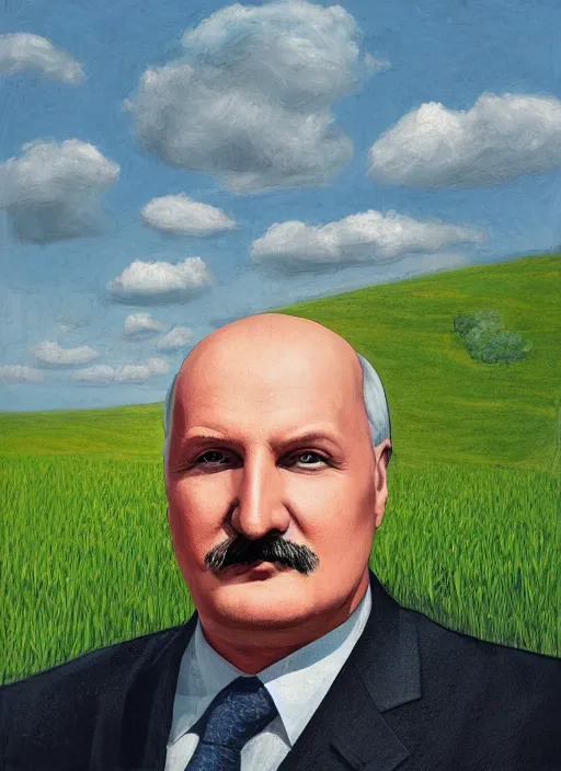 Prompt: digital portrait of a person looking like alexander lukashenko ruling tractor in fields, hot sun, photo realism