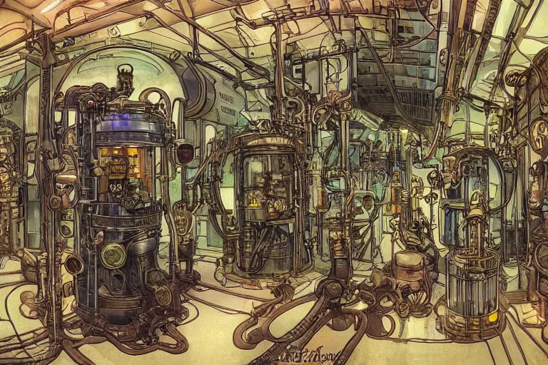 Prompt: steampunk lab room filled with big vapor tubes and alchemy equipment, mad scientist working, giant screens, sci - fi vending machine, retrofuturism, concept art by mucha, clean line, diesel punk