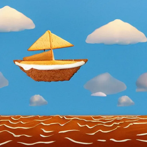 Image similar to graham cracker sailboat floats in a sea of hot chocolate, marshmallows in sky above, abstract environment, award winning art, epic dreamlike fantasy landscape, ultra realistic,