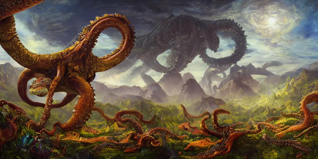 Image similar to fantasy oil painting, great leviathan, cybernetic turtle cephalopod terrapin reptilian pachyderm squid, bella hadid, hybrid, milla jovovich, anubis, epic natural light, lush plants flowers, spectacular mountains, bright clouds, luminous sky, outer worlds, golden hour, michael cheval, edward hopper, michael whelan, vray, hd