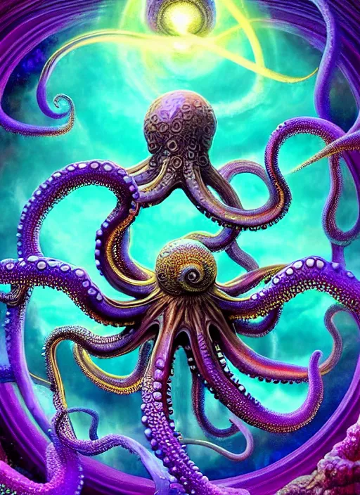 Image similar to octopus god within the whole infinite time capsule apparent with awe the apparition, an idea drips into infinite spirals, highly detailed in volumetric latent space, golden turquoise purple futuristic steampunk, galaxy mandalas mandelbrot high contrast cinematic light, mystical shadows, visionary art sharp focus, divine realm of gods, octane render, artist by boris vallejo,