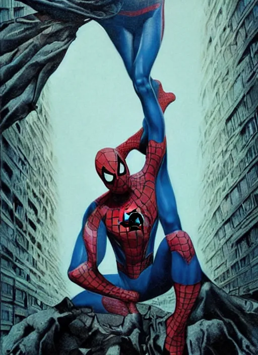 Image similar to poster artwork by Michael Whelan and James Jean, dramatic pose of Spiderman holding Mary Jane, reality is a web of lies, psychological thriller from scene from Twin Peaks, clean, simple illustration, nostalgic, domestic, full of details